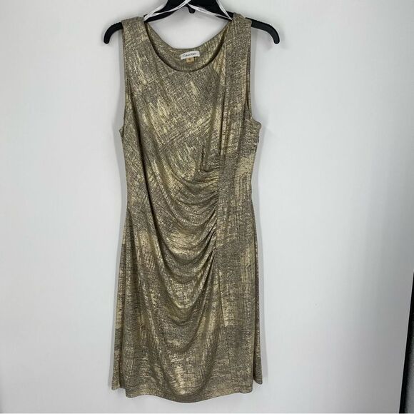 Calvin Klein Women’s Round Neck Sleeveless Gold Midi Dress size 14 - Picture 1 of 3